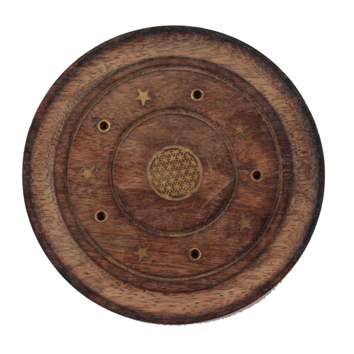 R&auml;ucherst&auml;bchenhalter / Halter aus Holz - Rund / R&auml;ucherst&auml;bchenhalter rund mit Blume des Lebens, &oslash; 10 cm