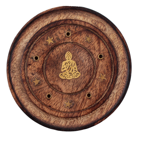 R&auml;ucherst&auml;bchenhalter / Halter aus Holz - Rund / R&auml;ucherst&auml;bchenhalter rund mit Buddha, &oslash; 10 cm
