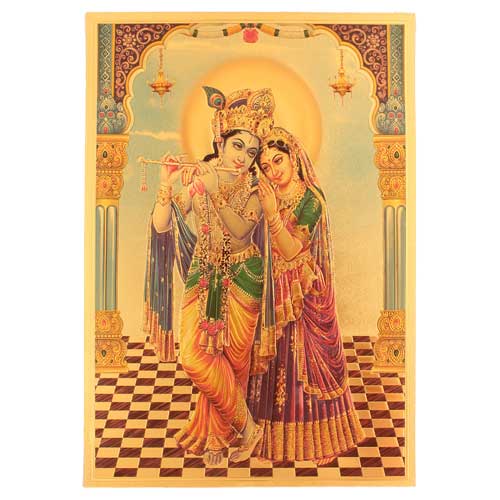 Bilder/Aufkleber / Indische G&ouml;tterkarten mit Goldrand / Goldposter, Rade-Krishna, DIN A4 Format